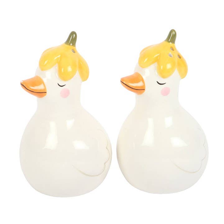 Duck salt and pepper shaker set on kitchen surface, S and P markings visible, Croft & Cleo