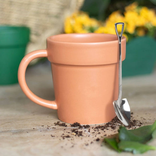 Ceramic mug shaped as a plant pot with miniature shovel spoon — gift set for gardeners and plant lovers, Croft & Cleo