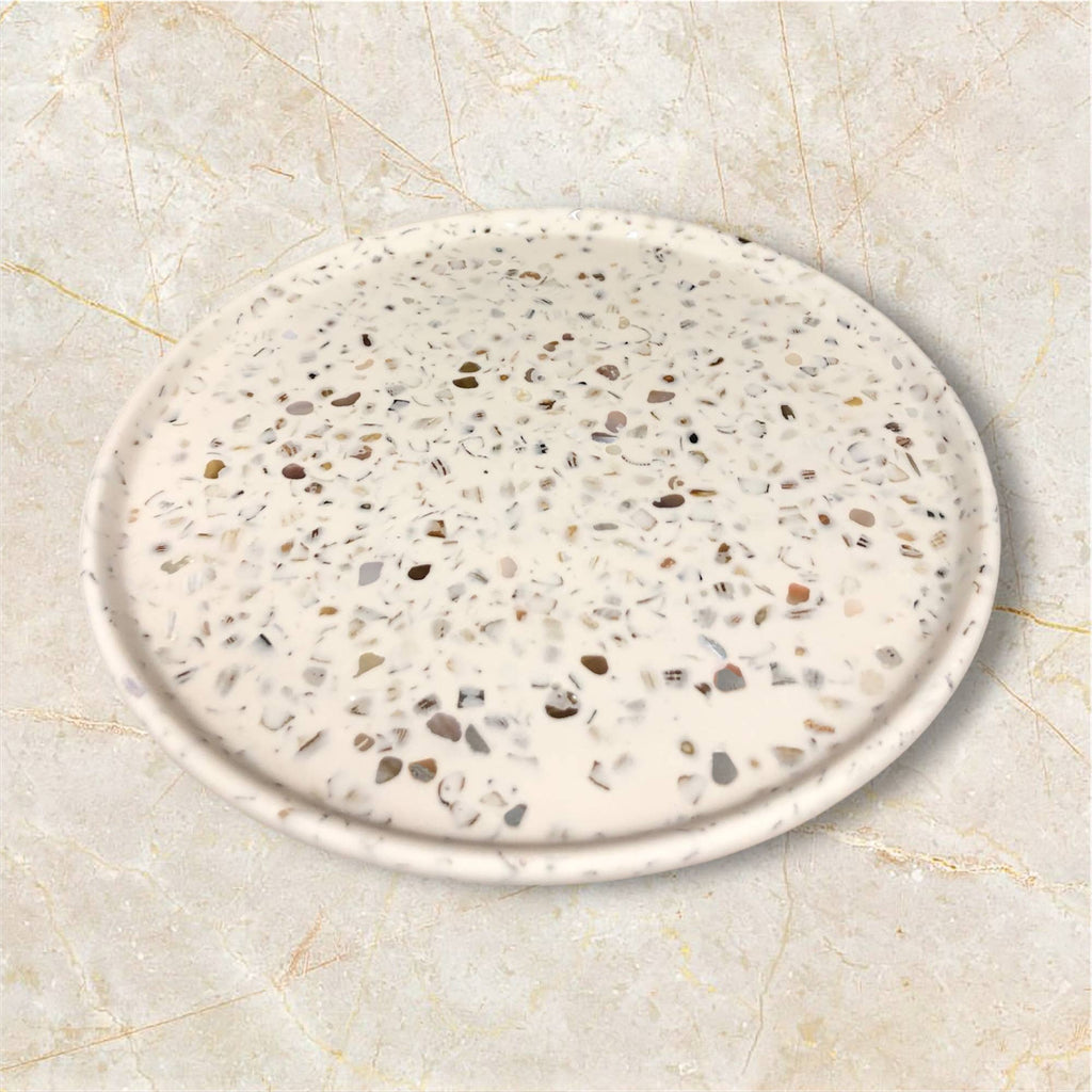 Jesmonite Shell Inlay Circle Tray – close-up detail, Croft & Cleo