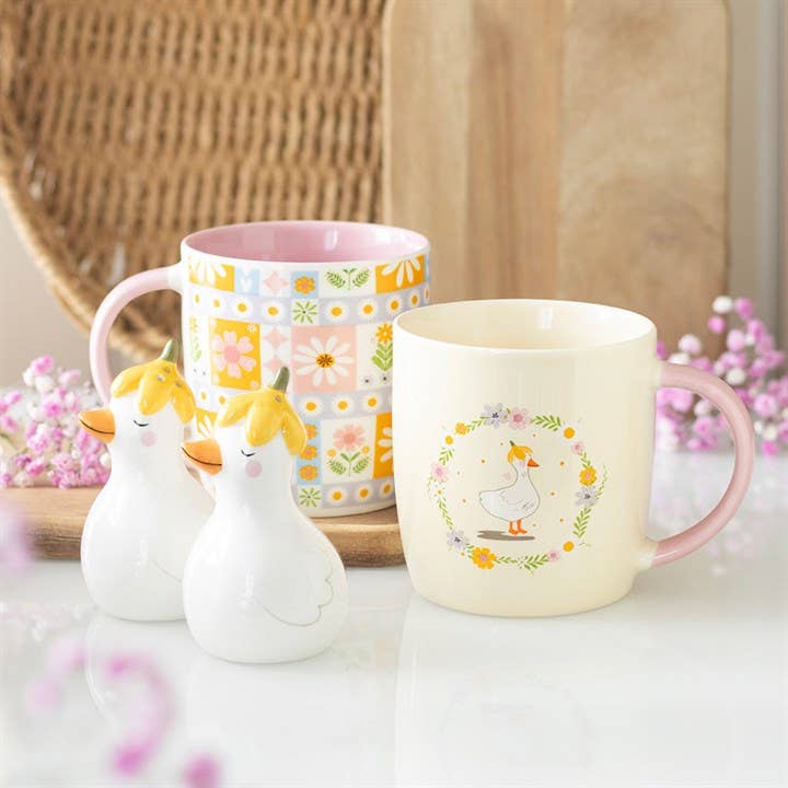 Daisy meadow salt and pepper shaker set styled on a kitchen table, Croft & Cleo