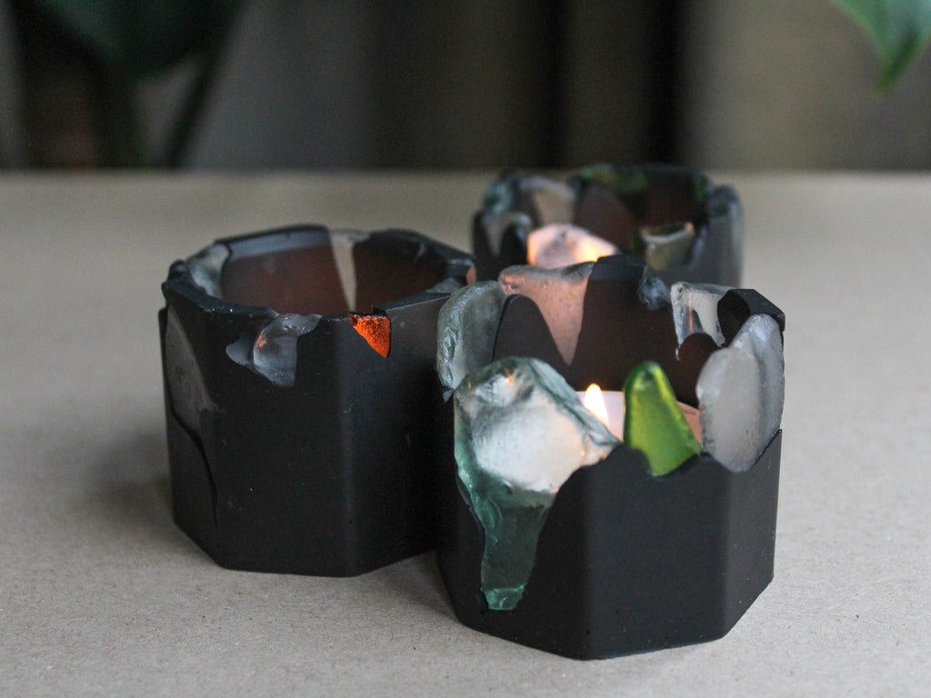 Sea glass candle holder, handcrafted Scottish jesmonite, Croft & Cleo