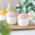Pink mushroom salt and pepper shakers — ceramic woodland pair in soft pink tones, Croft & Cleo