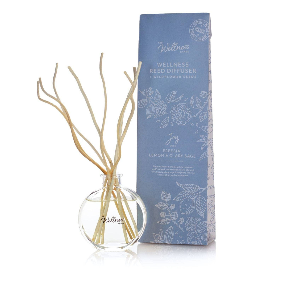 Joy wellness reed diffuser with freesia lemon and clary sage — uplifting fragrance bottle with reeds, Croft & Cleo