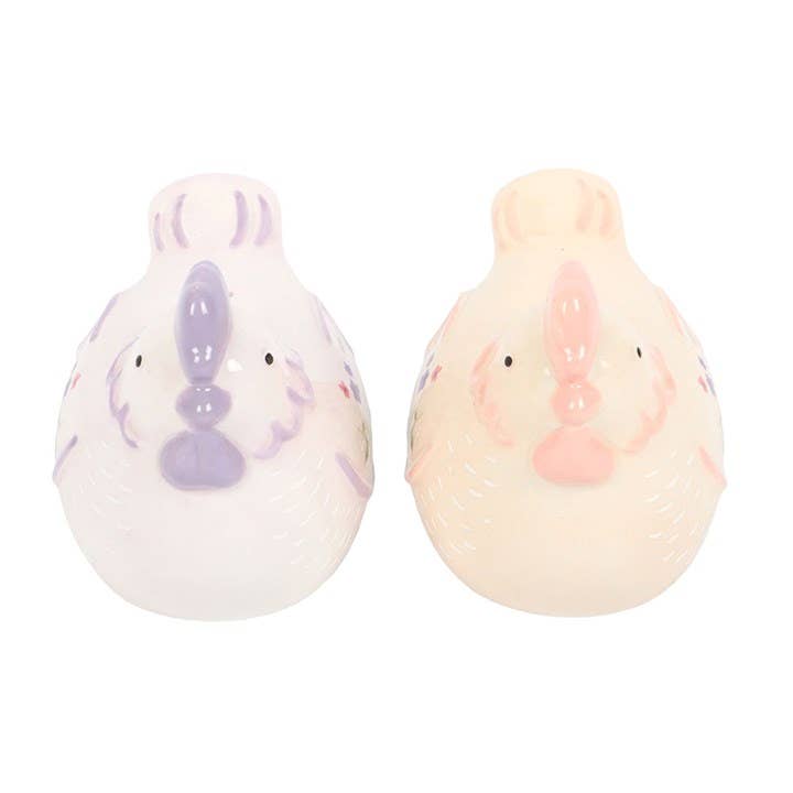 Close-up of floral hen salt shaker showing painted ceramic detail, Croft & Cleo