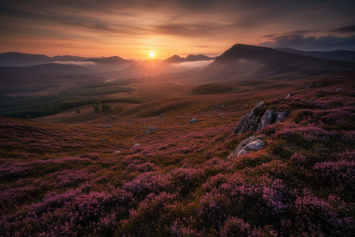 Highland moorland at sunset with heather and misty mountains — Croft & Cleo Scottish home and garden gifts