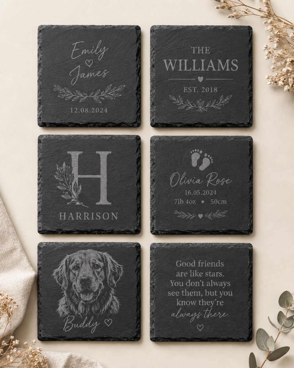 Six personalised Highland slate coaster designs — photo, monogram, name, message and baby announcement styles — Croft & Cleo