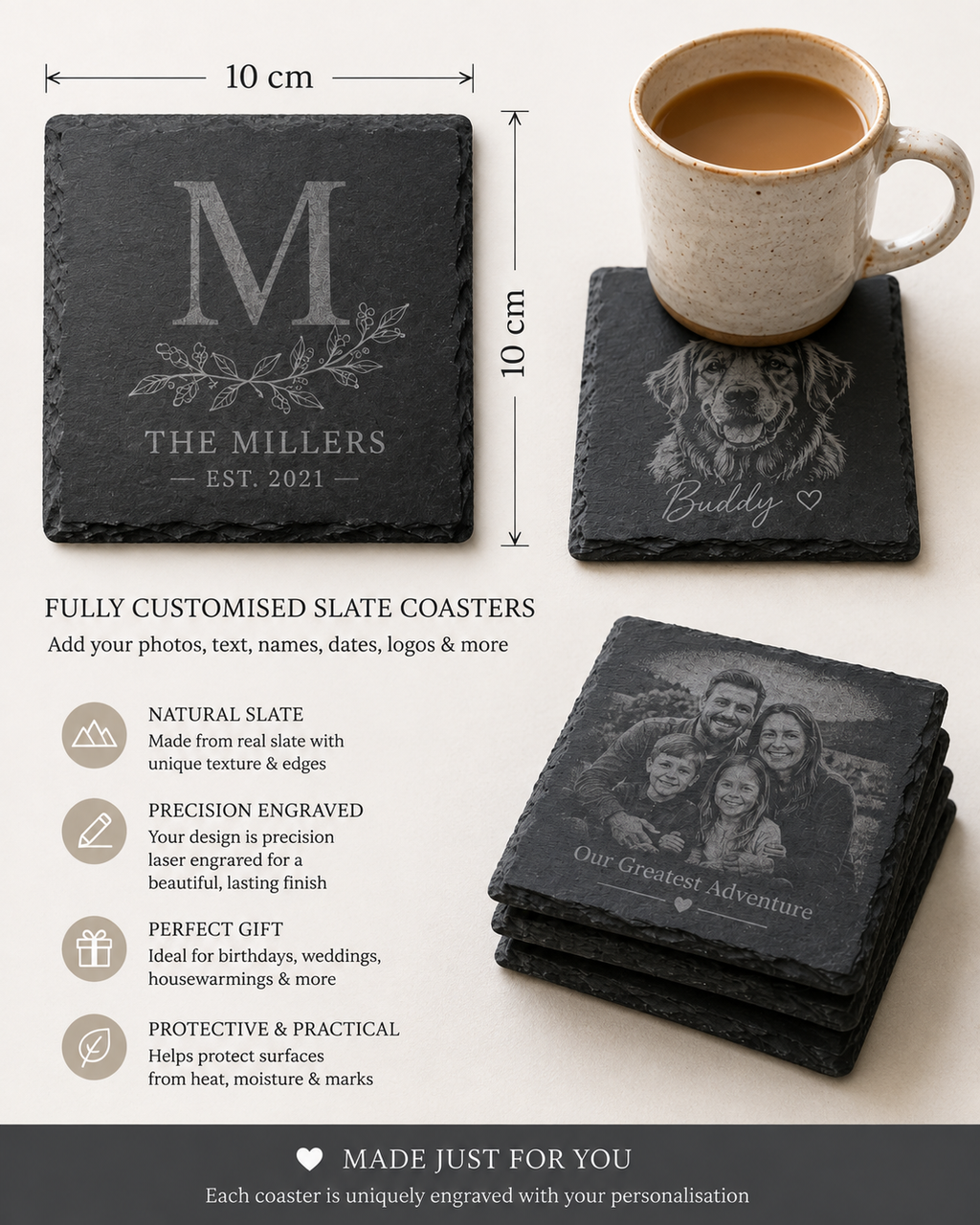 Personalised Highland slate coaster size and feature guide — 10cm x 10cm, precision engraved, natural slate — Croft & Cleo
