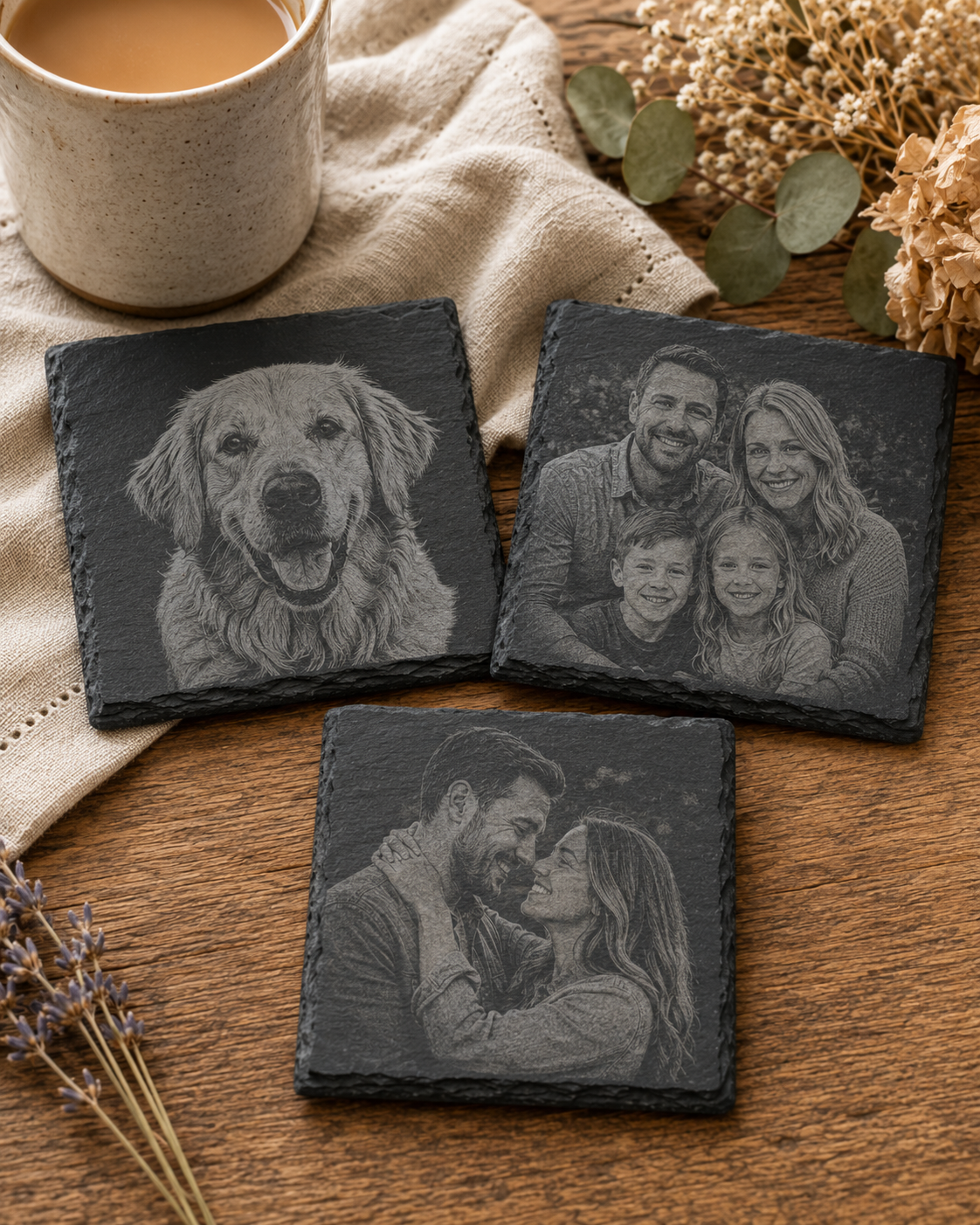 Personalised Highland slate coasters engraved with a pet photo, family photo and couple photo — Croft & Cleo