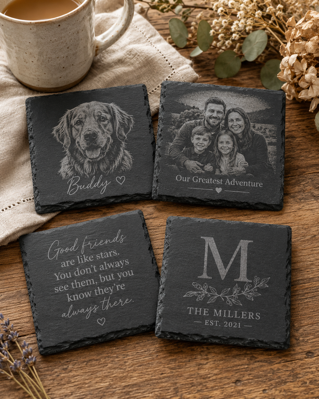 Personalised Highland slate coasters featuring your own pet photo, family photo, name, monogram or message — Croft & Cleo