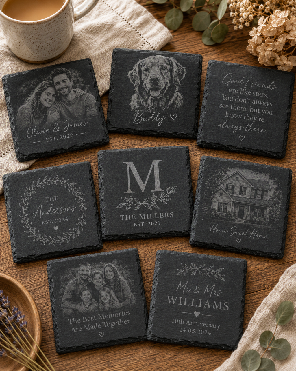 Eight personalised Highland slate coaster designs laid out together, including photo, monogram and message styles — Croft & Cleo
