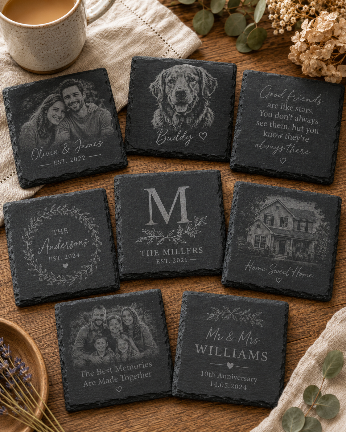Eight personalised Highland slate coaster designs laid out together, including photo, monogram and message styles — Croft & Cleo