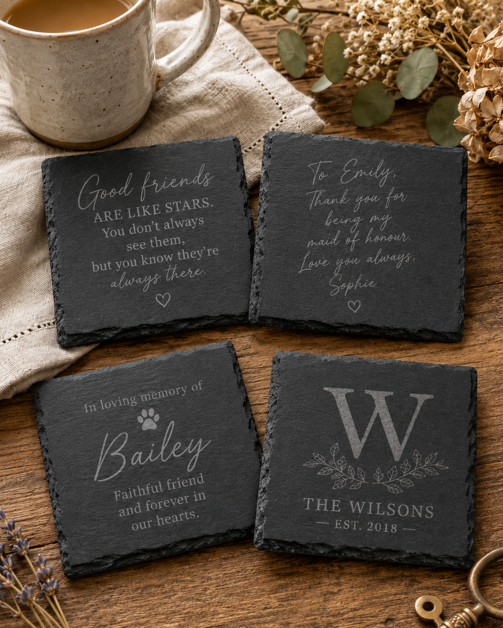 Personalised Highland slate coasters engraved with your own names, quotes and messages — Croft & Cleo