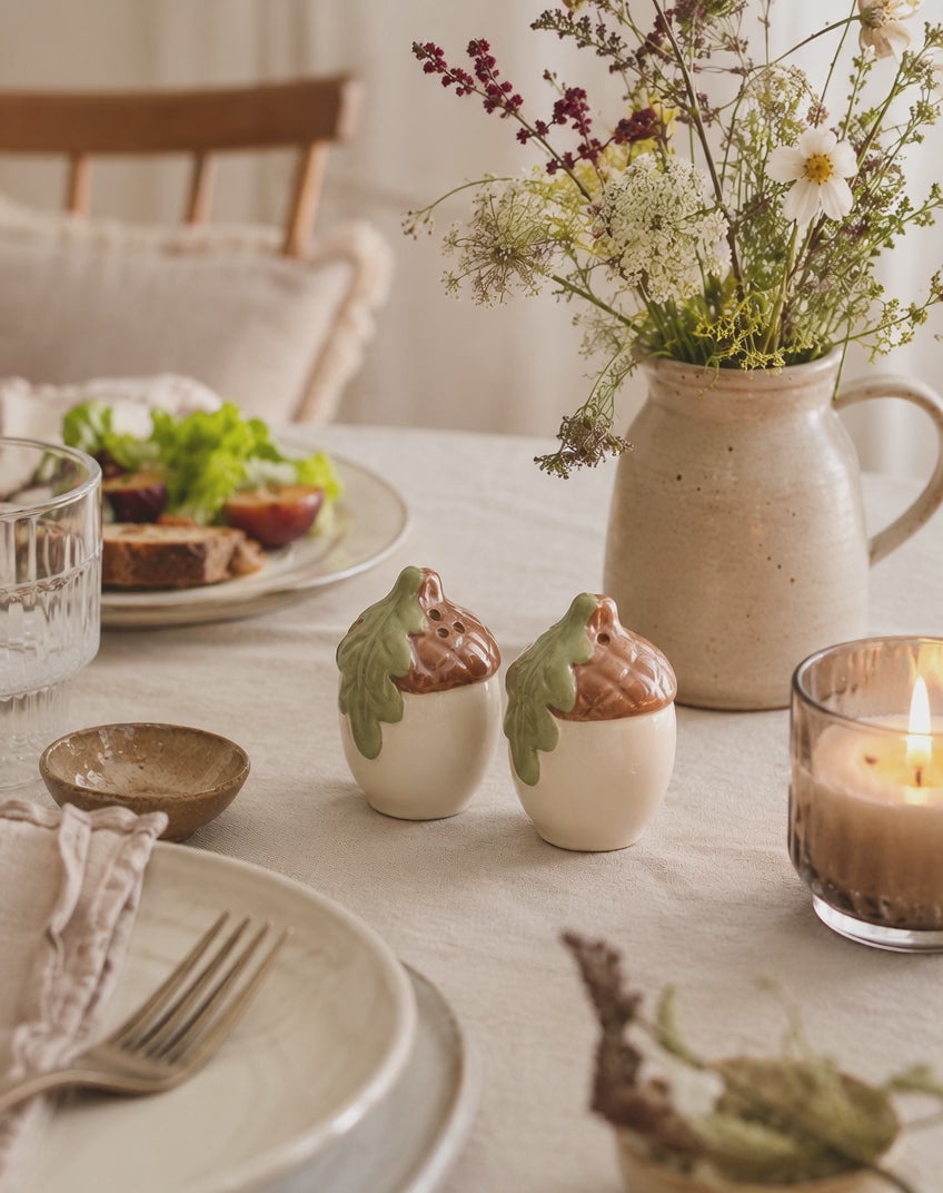 Salt and Pepper Shakers, Autumn Acorn Ceramic, Kitchen Table Gift Set