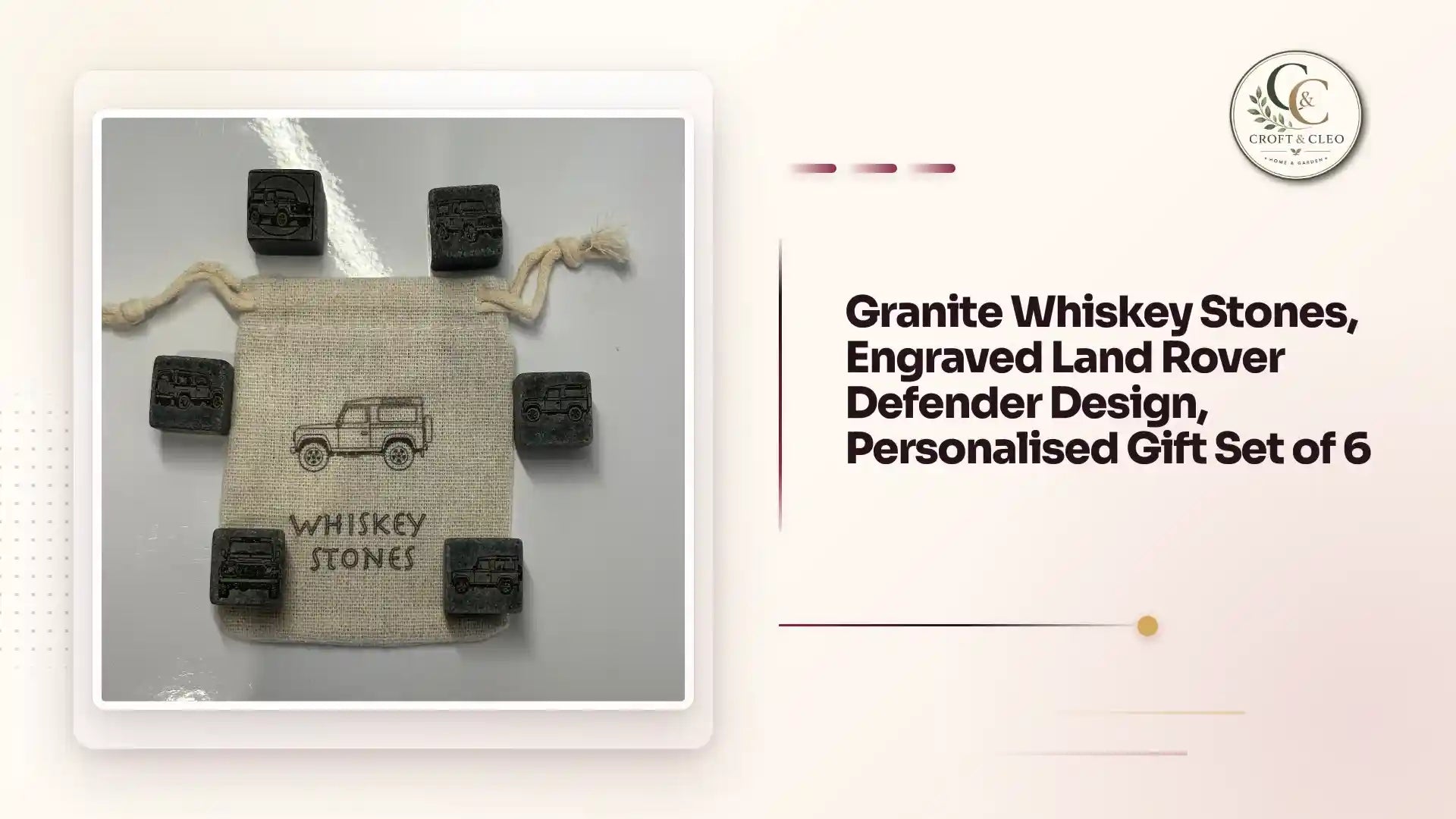 Granite Whiskey Stones, Engraved Land Rover Defender Design, Personalised Gift Set of 6 by@Outfy