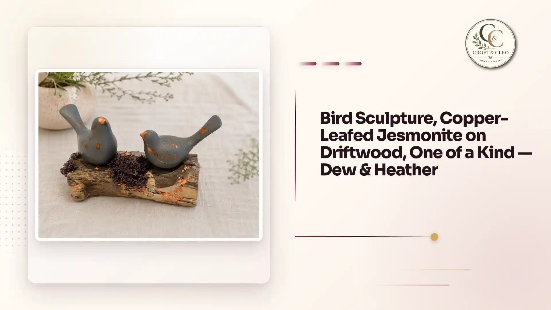 Bird Sculpture, Copper-Leafed Jesmonite on Driftwood, One of a Kind &mdash; Dew & Heather by@Outfy