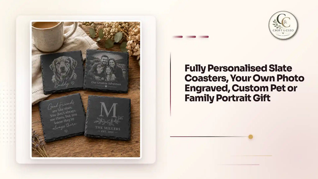 Fully Personalised Slate Coasters, Your Own Photo Engraved, Custom Pet or Family Portrait Gift by@Outfy