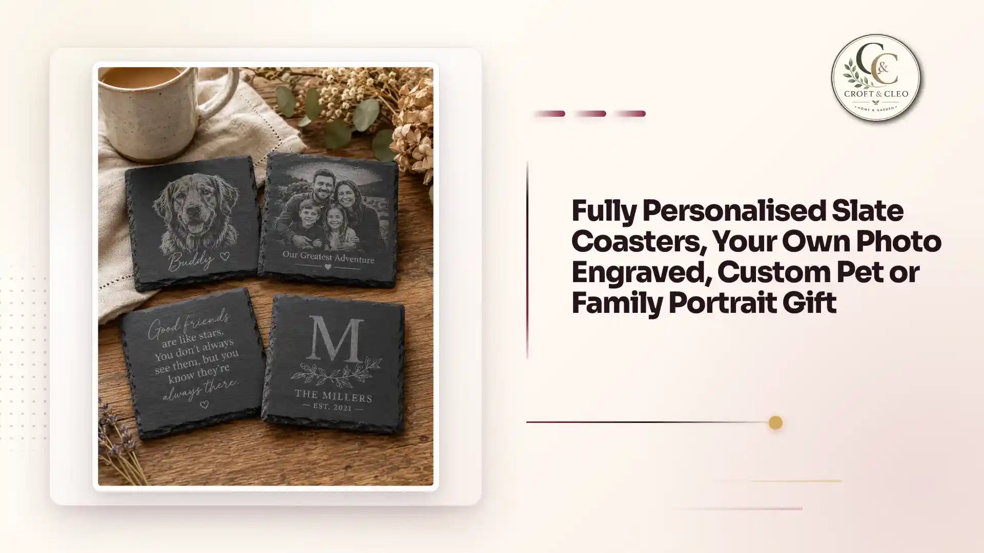 Fully Personalised Slate Coasters, Your Own Photo Engraved, Custom Pet or Family Portrait Gift by@Outfy