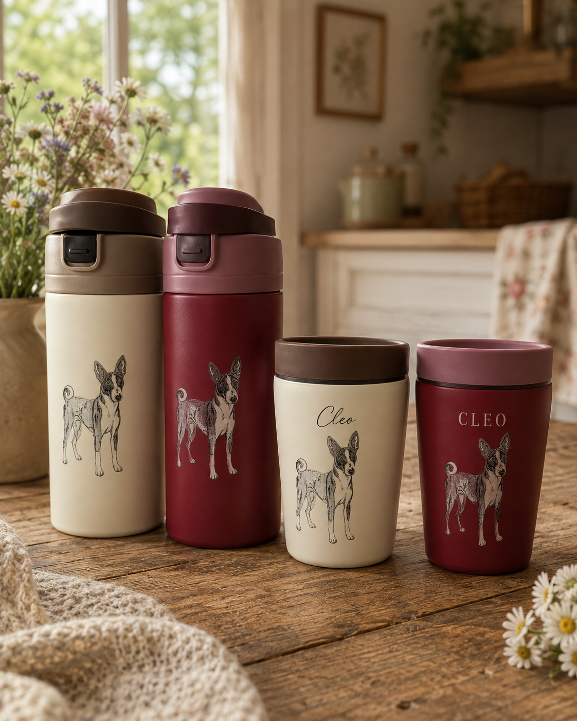 Stainless steel travel mugs and bottles in Cream and Burgundy, engraved with a Basenji dog and personalised with the name Cleo — Croft & Cleo