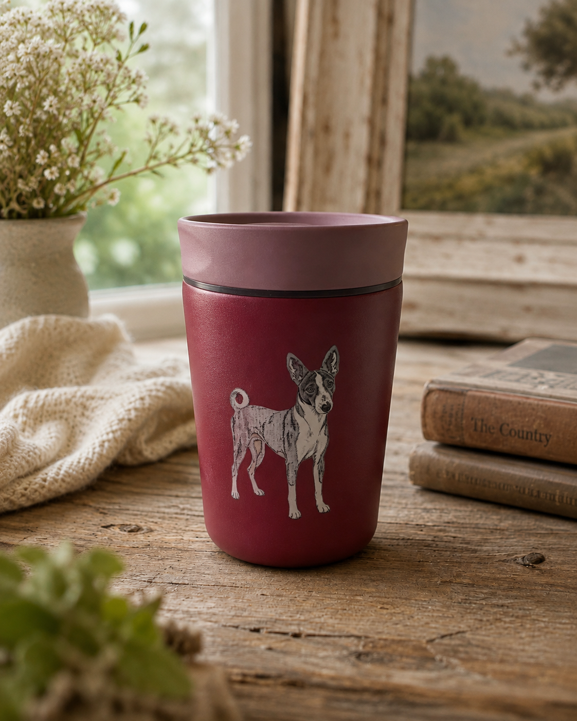 Burgundy stainless steel travel mug engraved with a Basenji dog — Croft & Cleo