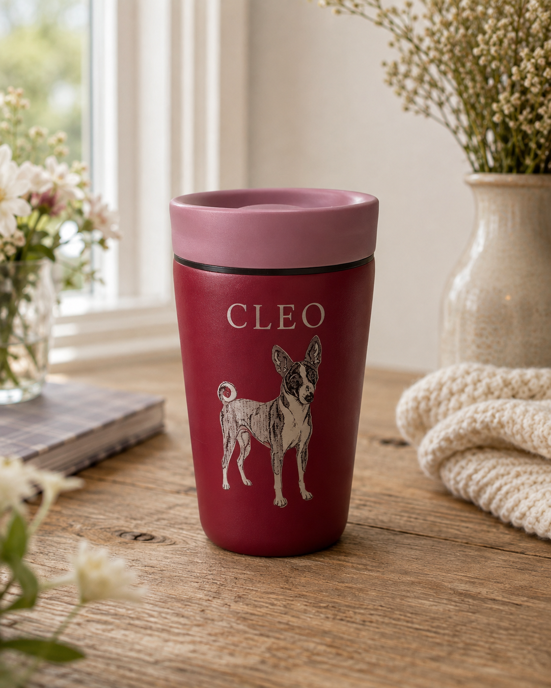 Burgundy travel mug personalised with a name and Basenji engraving — Croft & Cleo