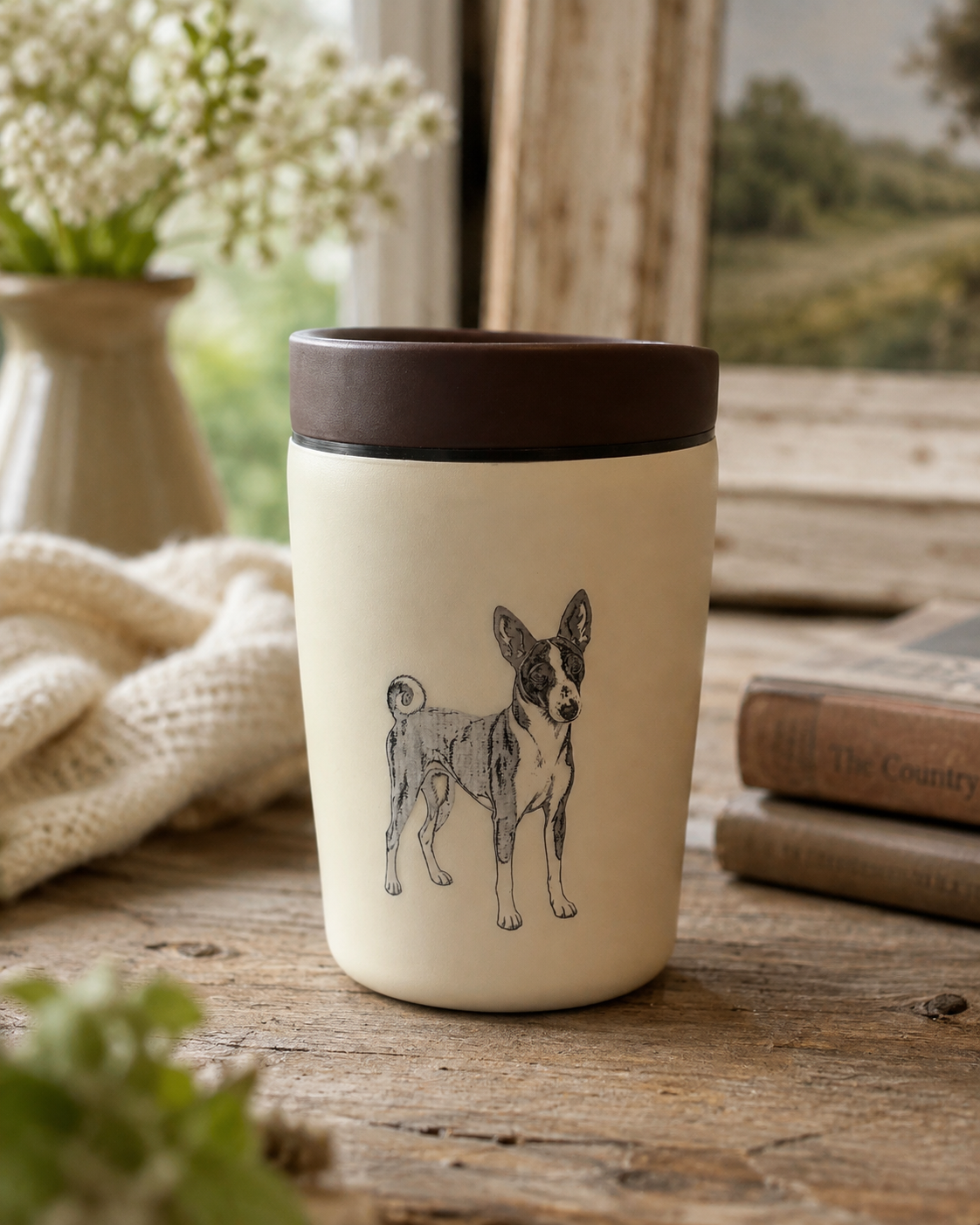 Cream stainless steel travel mug engraved with a Basenji dog — Croft & Cleo
