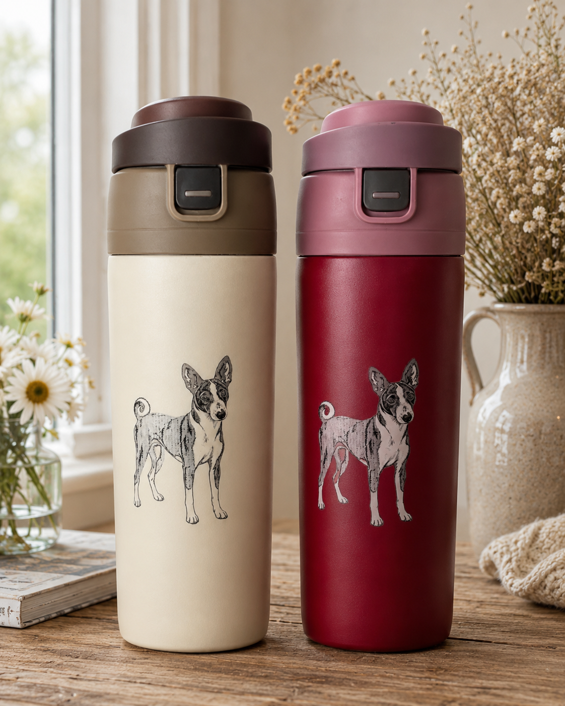 Stainless steel travel mugs, engraved with a Basenji dog, in Cream and Burgundy — Croft & Cleo
