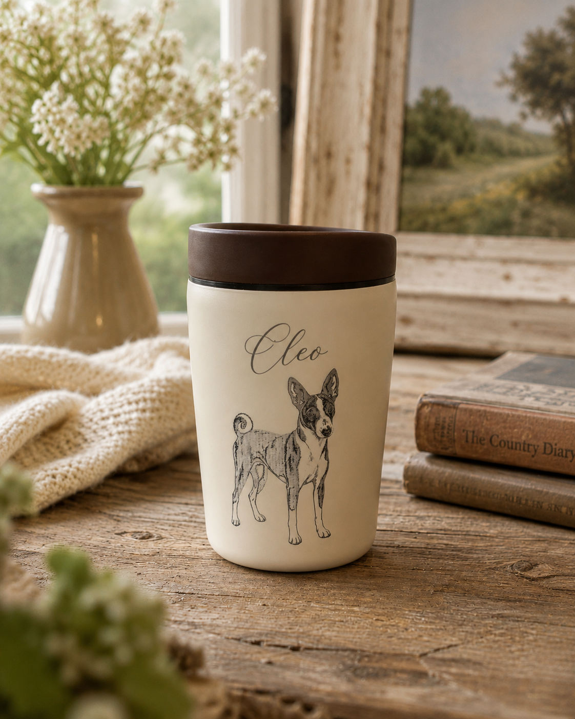Cream travel mug personalised with a name and Basenji engraving — Croft & Cleo
